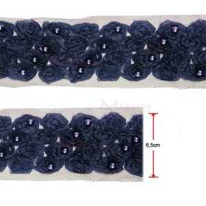 Passamanaria flor 4 fileiras com pérolas azul marinho por metro