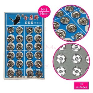 Colchete de pressão nº3 14mm com 24 unidades níquel Kas