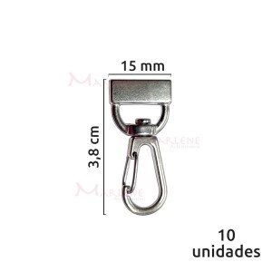 Mosquetão 15mm com encaixe níquel 10 unidades