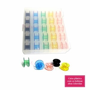 Caixa com 25 bobinas coloridas altas para máquina doméstica